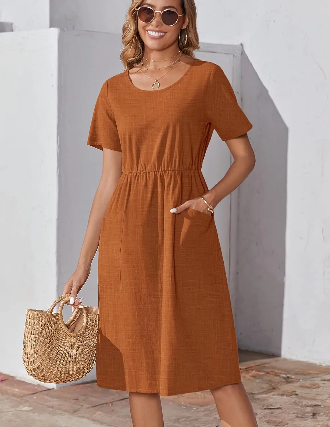 Zeagoo Womens Midi Dress Short Sleeve A-Line Cotton Linen Dress