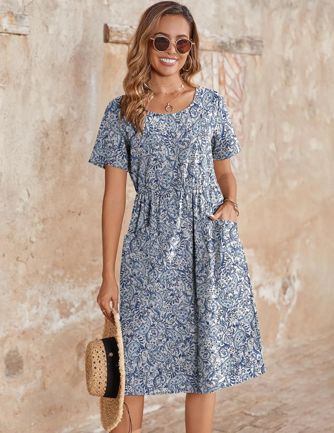 Zeagoo Womens Midi Dress Short Sleeve A-Line Cotton Linen Dress