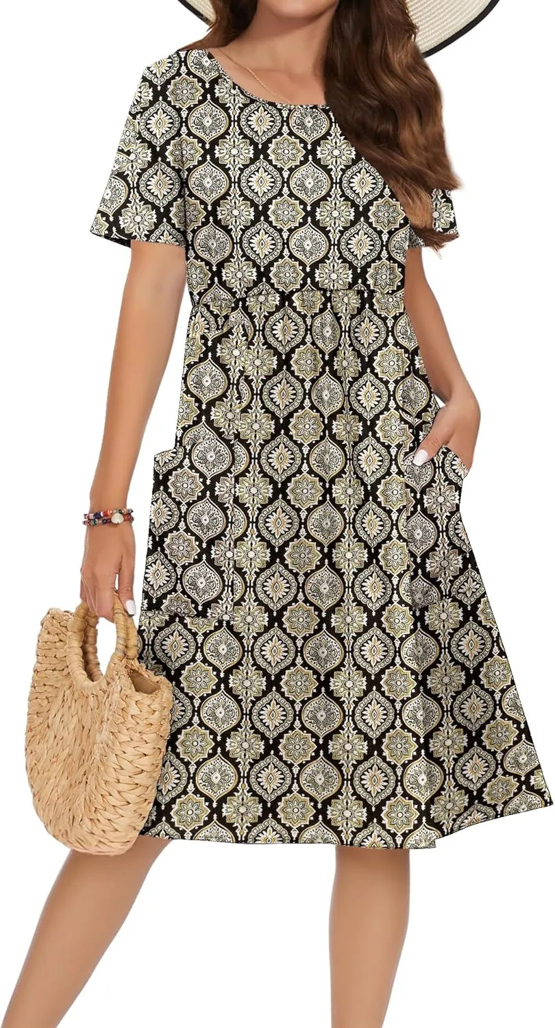 Zeagoo Womens Midi Dress Short Sleeve A-Line Cotton Linen Dress