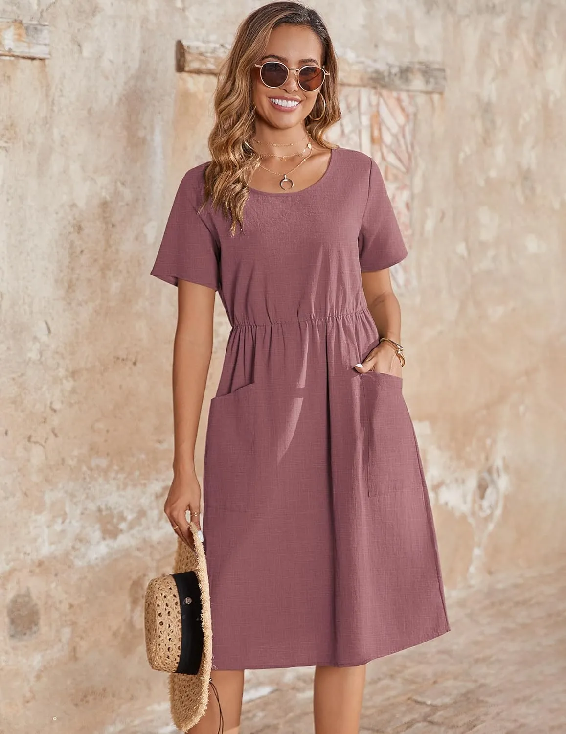 Zeagoo Womens Midi Dress Short Sleeve A-Line Cotton Linen Dress