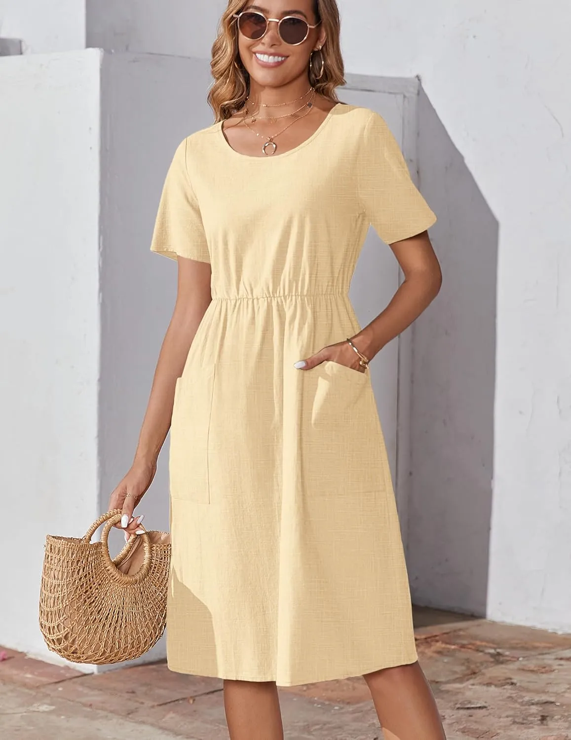 Zeagoo Womens Midi Dress Short Sleeve A-Line Cotton Linen Dress