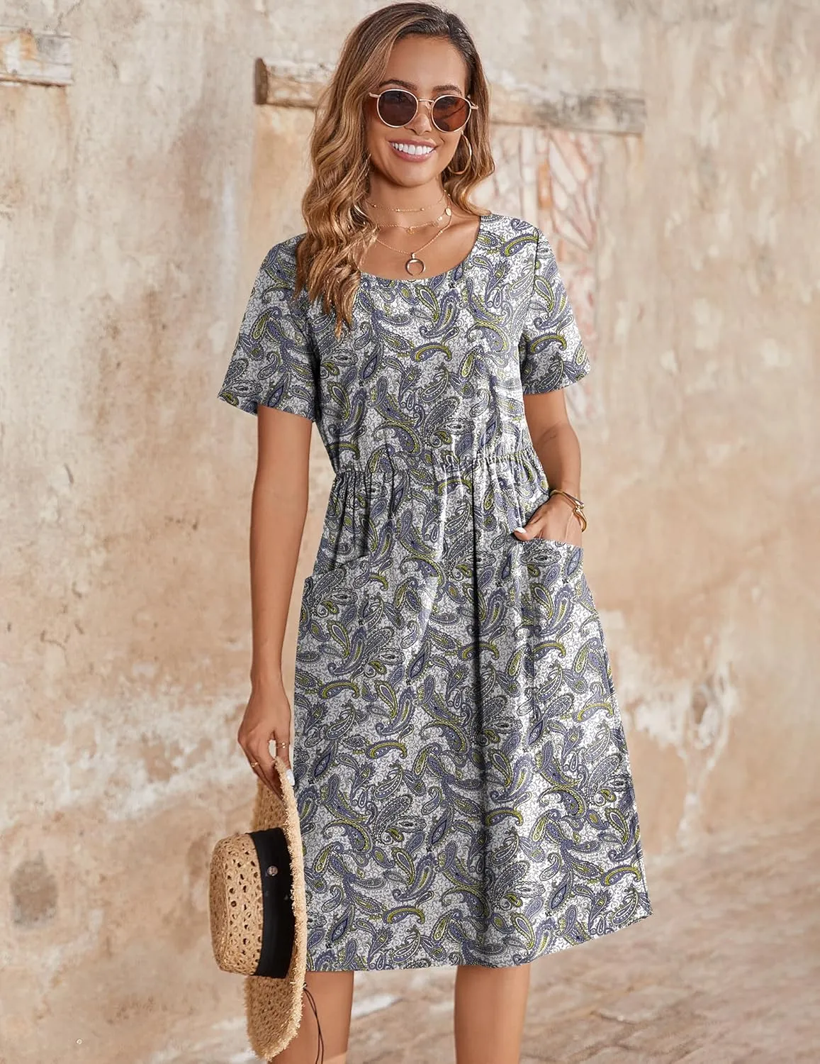 Zeagoo Womens Midi Dress Short Sleeve A-Line Cotton Linen Dress