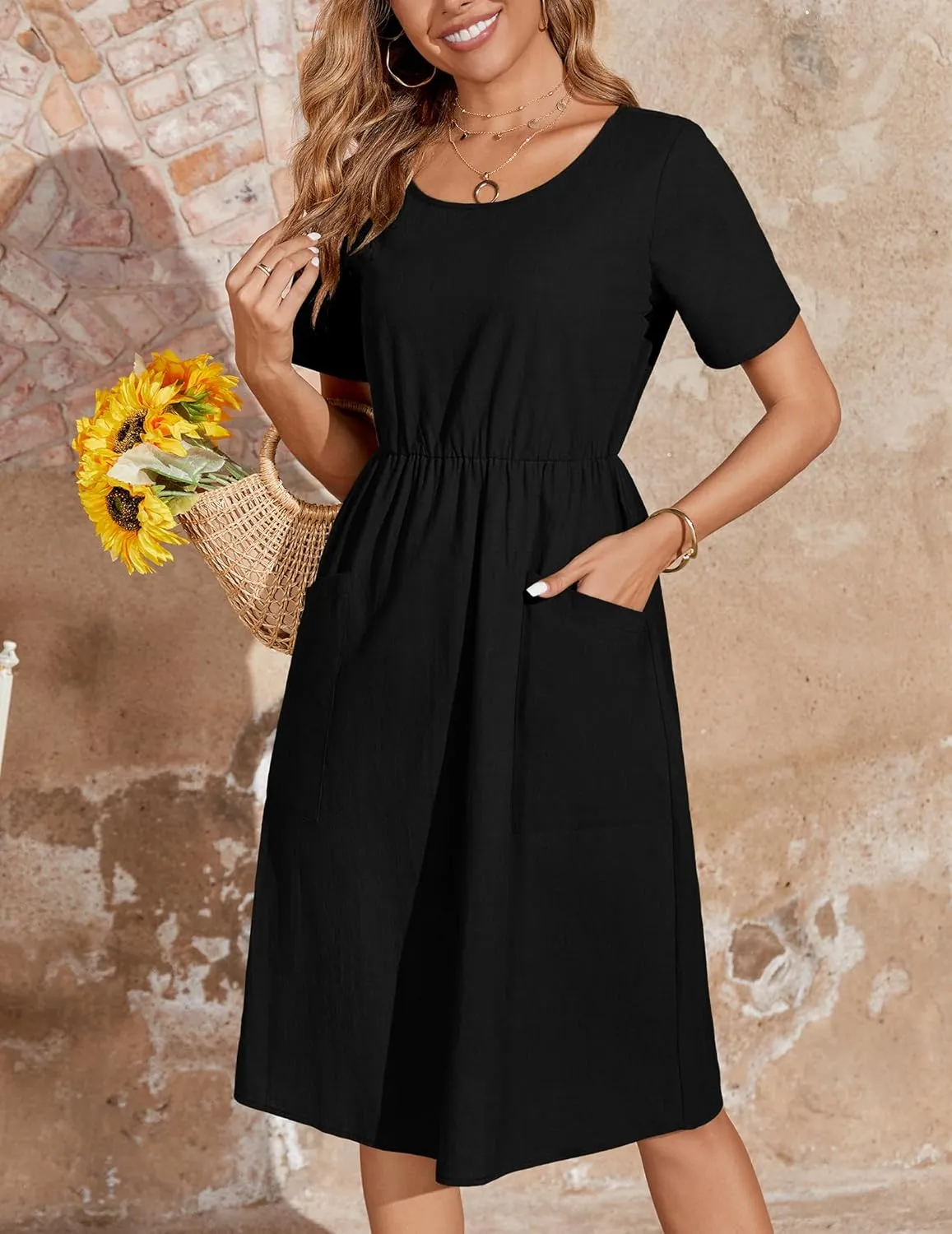 Zeagoo Womens Midi Dress Short Sleeve A-Line Cotton Linen Dress